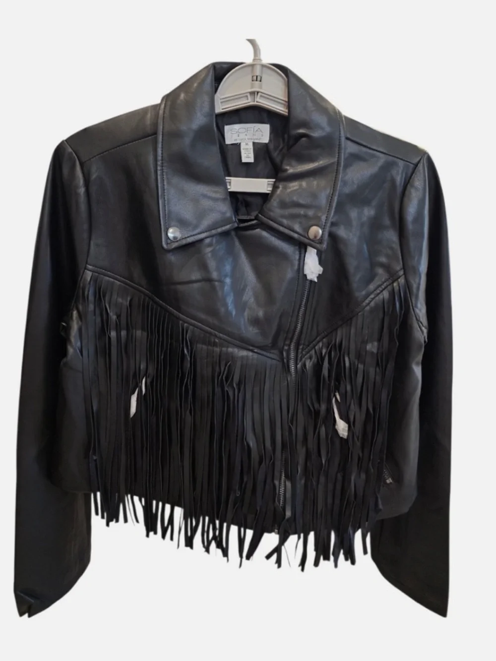 NWT Sofia Vergara Faux Leather Cropped Fringe Zip Up Jacket Ladies Small - Picture 2 of 4